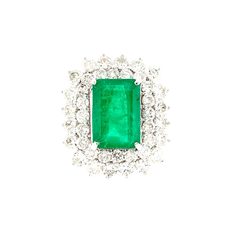 Fine 18k White Gold 9.15 CTs Emerald Cut Columbian Emerald Diamond Cocktail Ring